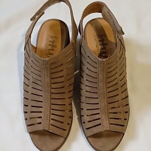 by the way. Tan Laser-Cut Slingback Sandals Size 2.